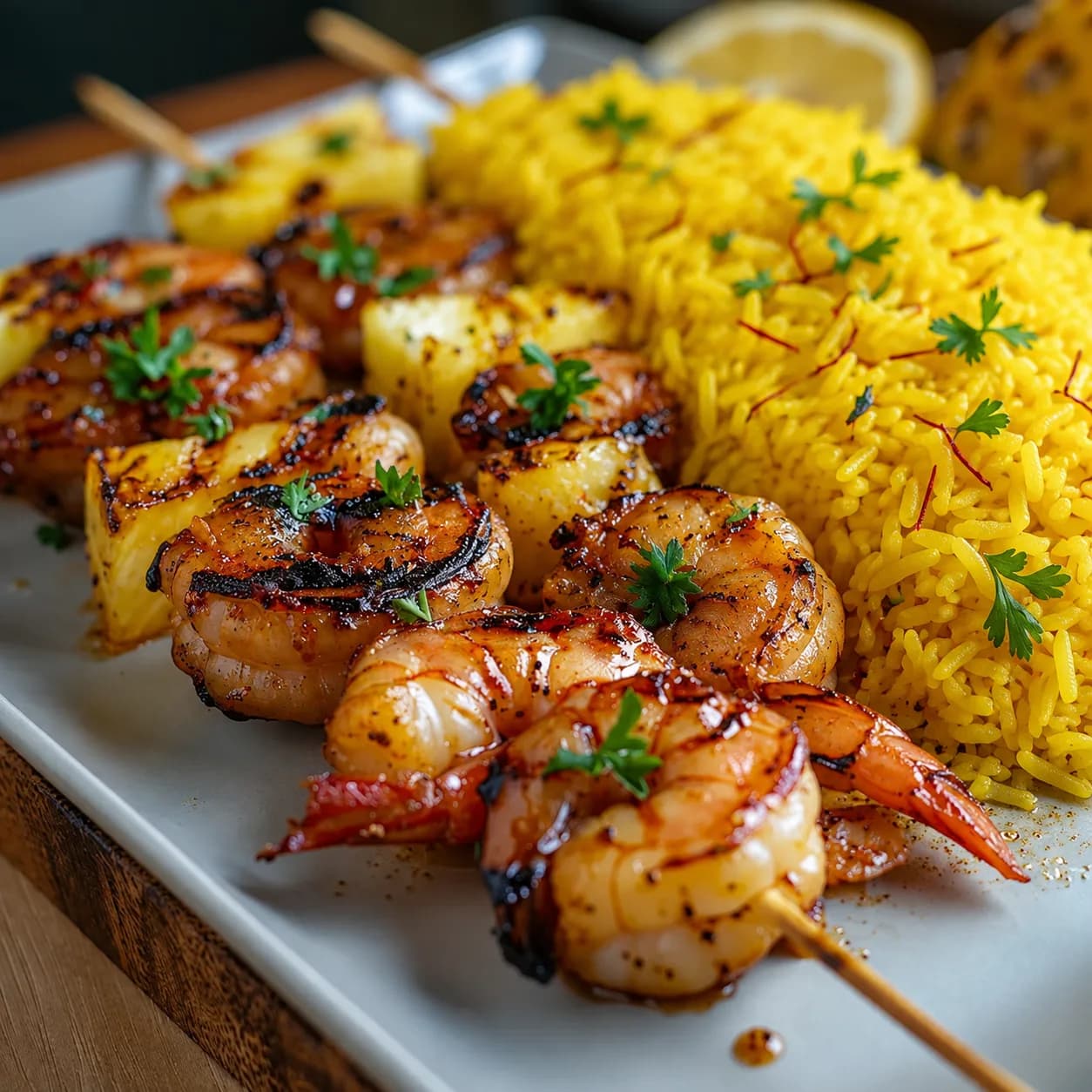 Brochette de Crevettes grillées à l'ananas et Riz Safrané